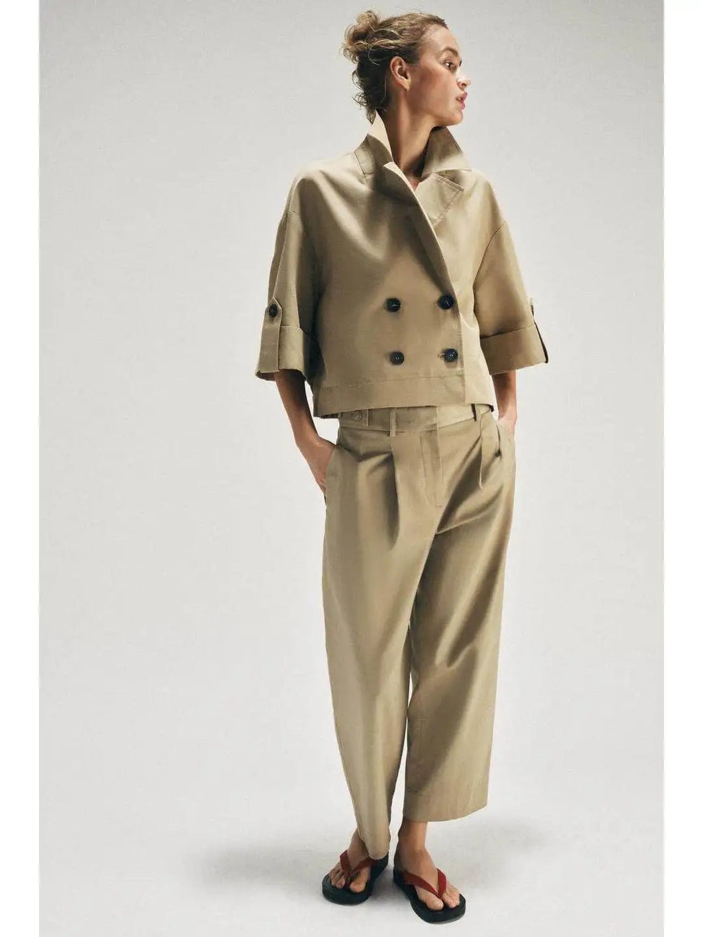 Short A-Line Windbreaker with Cuffed Sleeves Double-Breasted Closure Back Elastic Band Detail Polyester Cotton Blend ...
