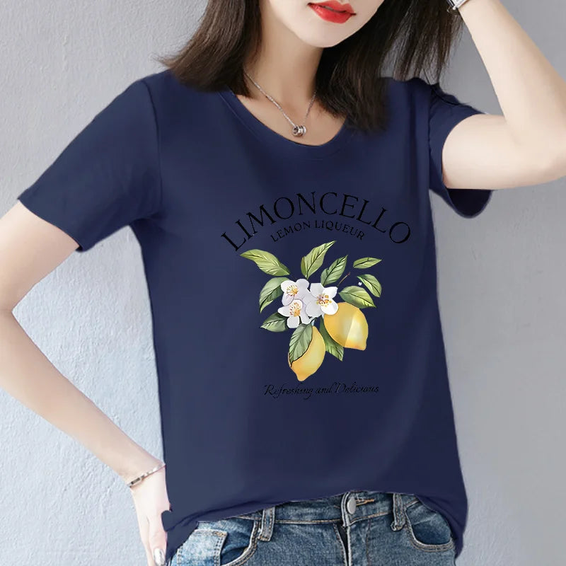 Europe and The United States Summer Short-sleeved Round Neck American Lemon Pattern Printed T-shirt Woman Graphic polyester