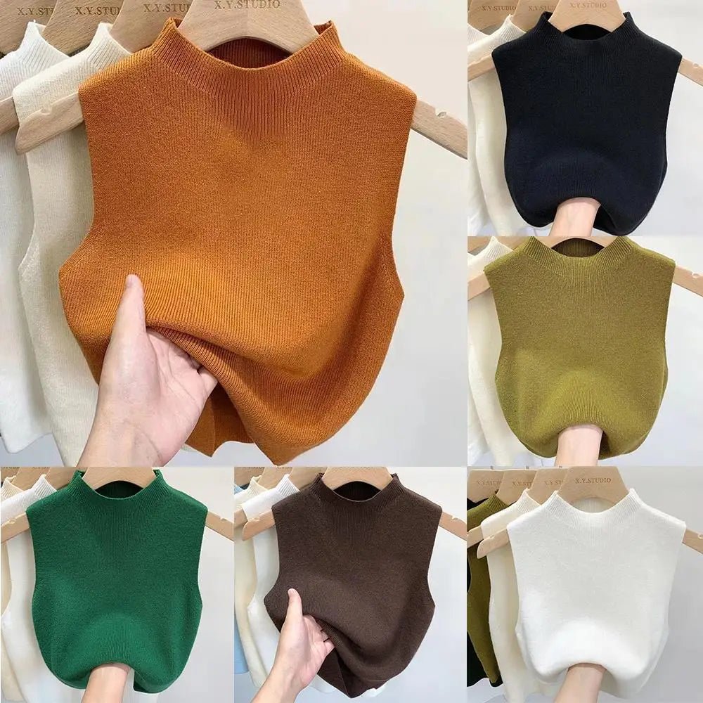 Hot Women's Vest Knitted Tank Top Solid Color Slim Sweater Half-turtleneck Spring Autumn Sleeveless T-Shirt Cropped Top Camisole