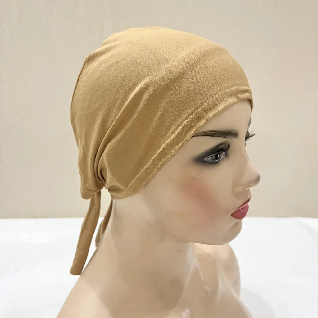 H048 Plain Cotton tie back hats Muslim Turban Pure Color Stretch Inner Hijabs underscarf Women Head Scarf Under Hijab Bonnet