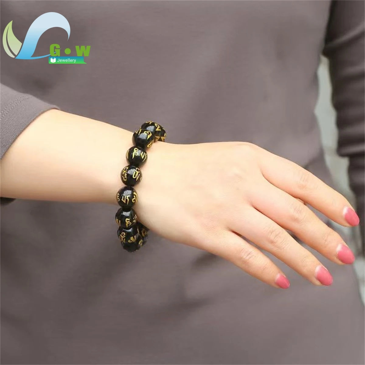 Lucky Natural Black Jade Carved Six-Character Motto Obsidian Transfer Bracelet For Men Women Gift Couple Bracelet Jewelry Gift