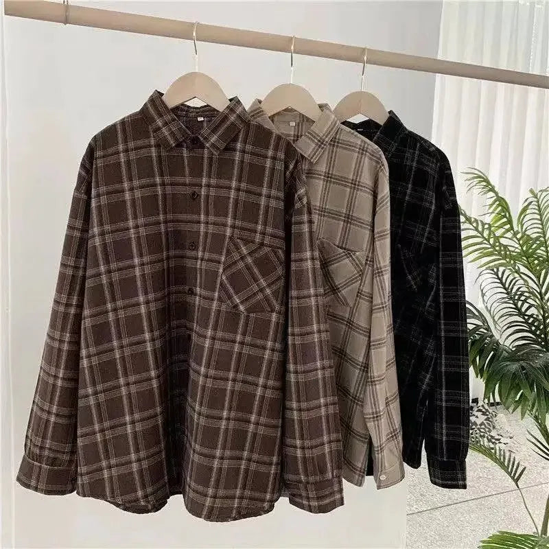 Women's Plaid Long-Sleeve Shirt, Retro Style, Loose Fit, Korean Version, Spring Wear, Student Jacket