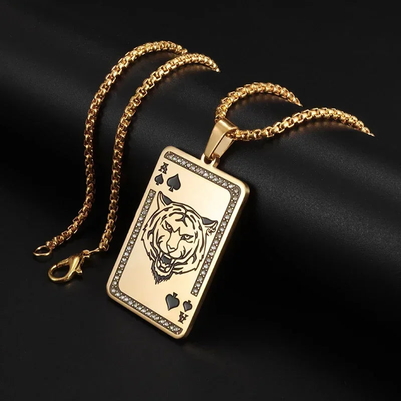 Hip-Hop Iced Out Spades Playing Card Necklace Men\'s Personalized Street Hip-Hop Rock Trend Jewelry Cool Luck Necklace