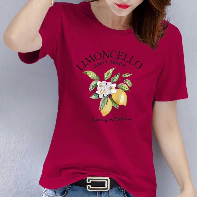 Europe and The United States Summer Short-sleeved Round Neck American Lemon Pattern Printed T-shirt Woman Graphic polyester
