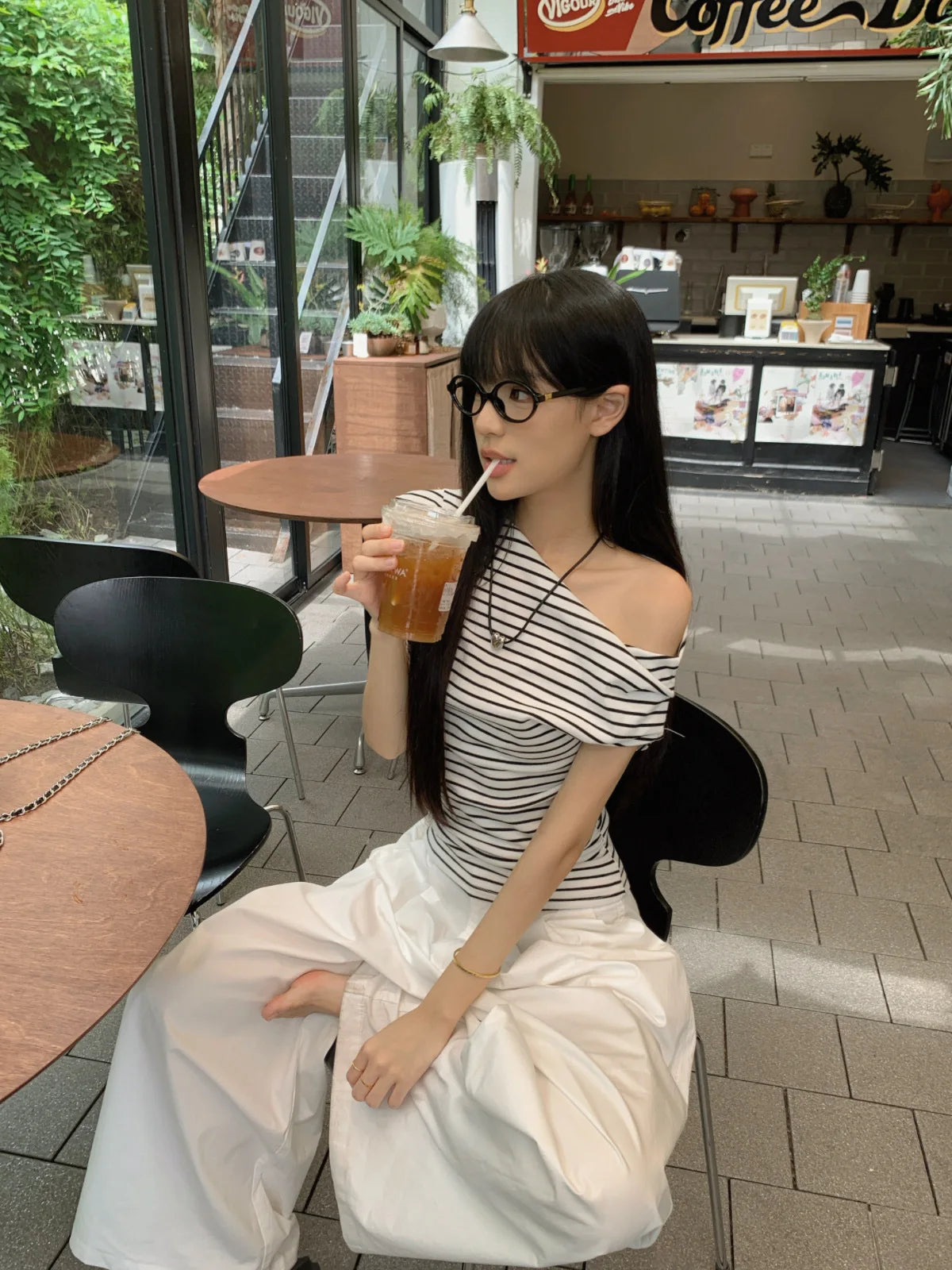 2026 Summer Striped Sexy T-shirt Women Slim Skinny Short Sleeve Y2K Korean Fashion Japanese Tee Shirt Woman Crop Tops Clothes
