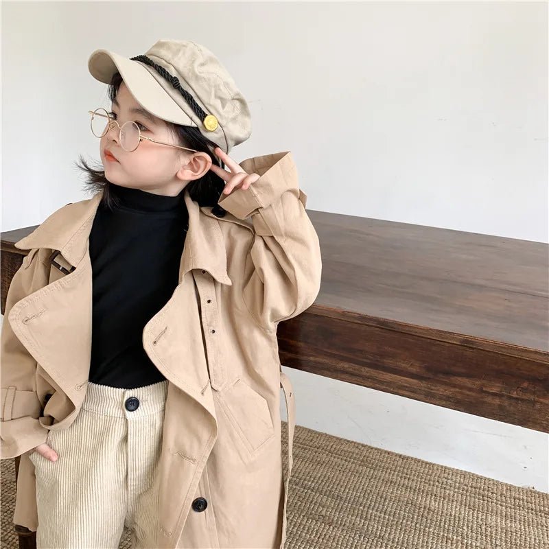 2025 Spring Children's Trench Coat Jacket Long Trench Coat Lapel