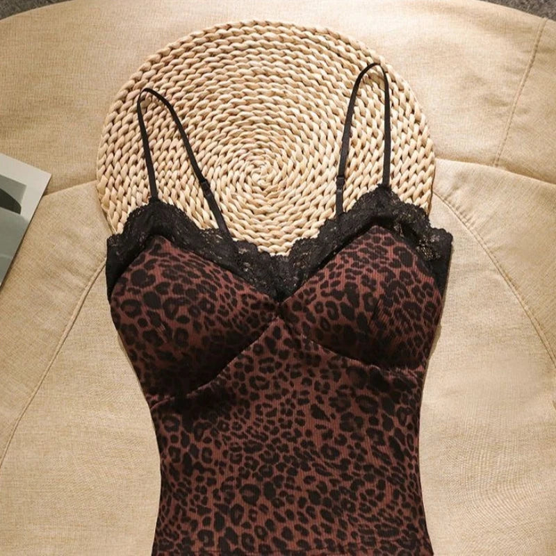 Leopard Lace Patchwork Sexy Camis Summer Y2k Beach Style Elegant Bodycon Korean Fashion Clothing 2000s American Vintage Tanks