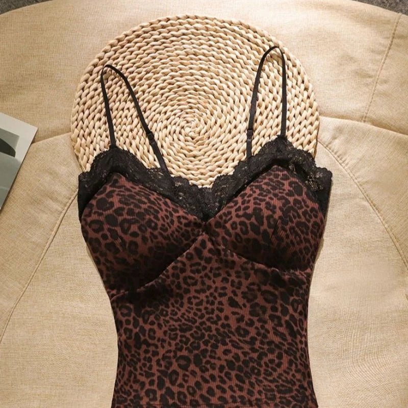 Leopard Lace Patchwork Sexy Camis Summer Y2k Beach Style Elegant Bodycon Korean Fashion Clothing 2000s American Vintage Tanks