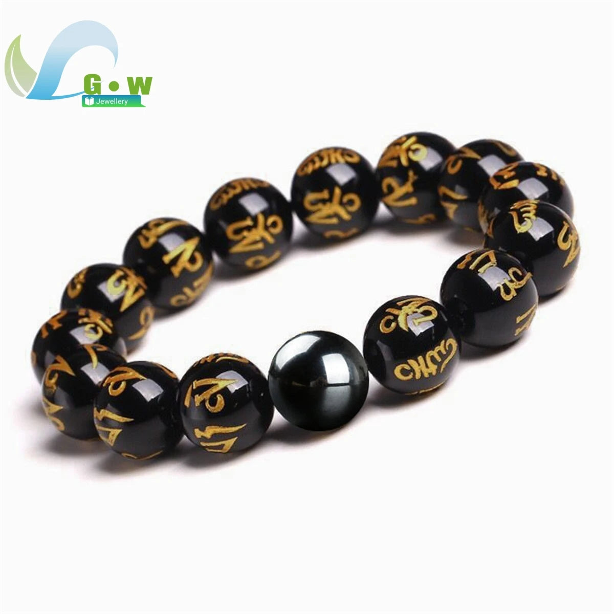 Lucky Natural Black Jade Carved Six-Character Motto Obsidian Transfer Bracelet For Men Women Gift Couple Bracelet Jewelry Gift