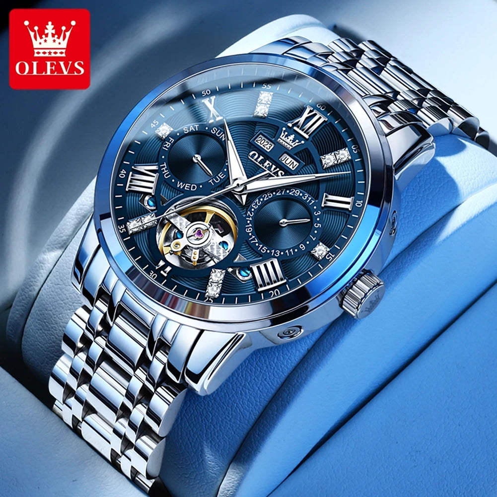OLEVS montres pour hommes Skeketon volant automatique mécanique montre-bracelet originale pour homme étanche lumineux calendrier perpétuel