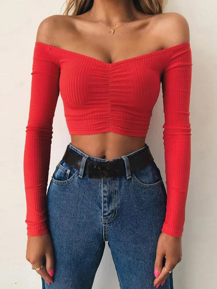 Women's Sexy Club Fashion T-Shirts Long Sleeve Off-Shoulder Solid Color Ladies T-shirts Autumn Basic Tees
