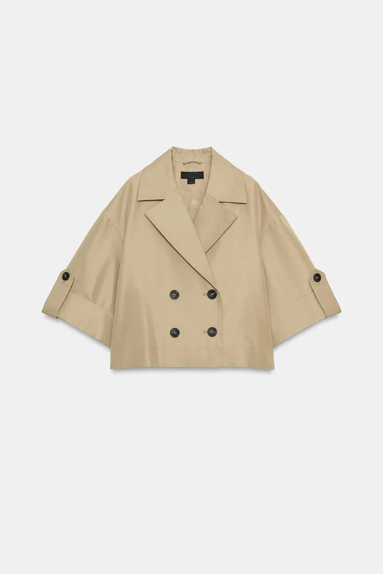 Spring Summer New Women's Simple Turn-down Collar Short Sleeve Double-breasted Short Length Windbreaker Jacket 3046229
