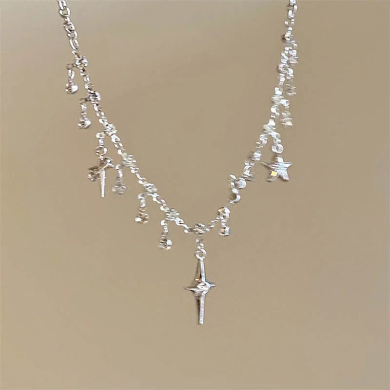 Collier Pendentif Croix Cristal Zircon & Franges – Bijou Chaîne Clavicule Y2K Femme