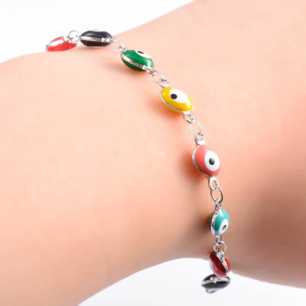 Colorful Turkish Evil Eye Stainless Steel Bracelet for Women Link Chain for Hand Foot Girl Anklet Summer Jewelry Accessory