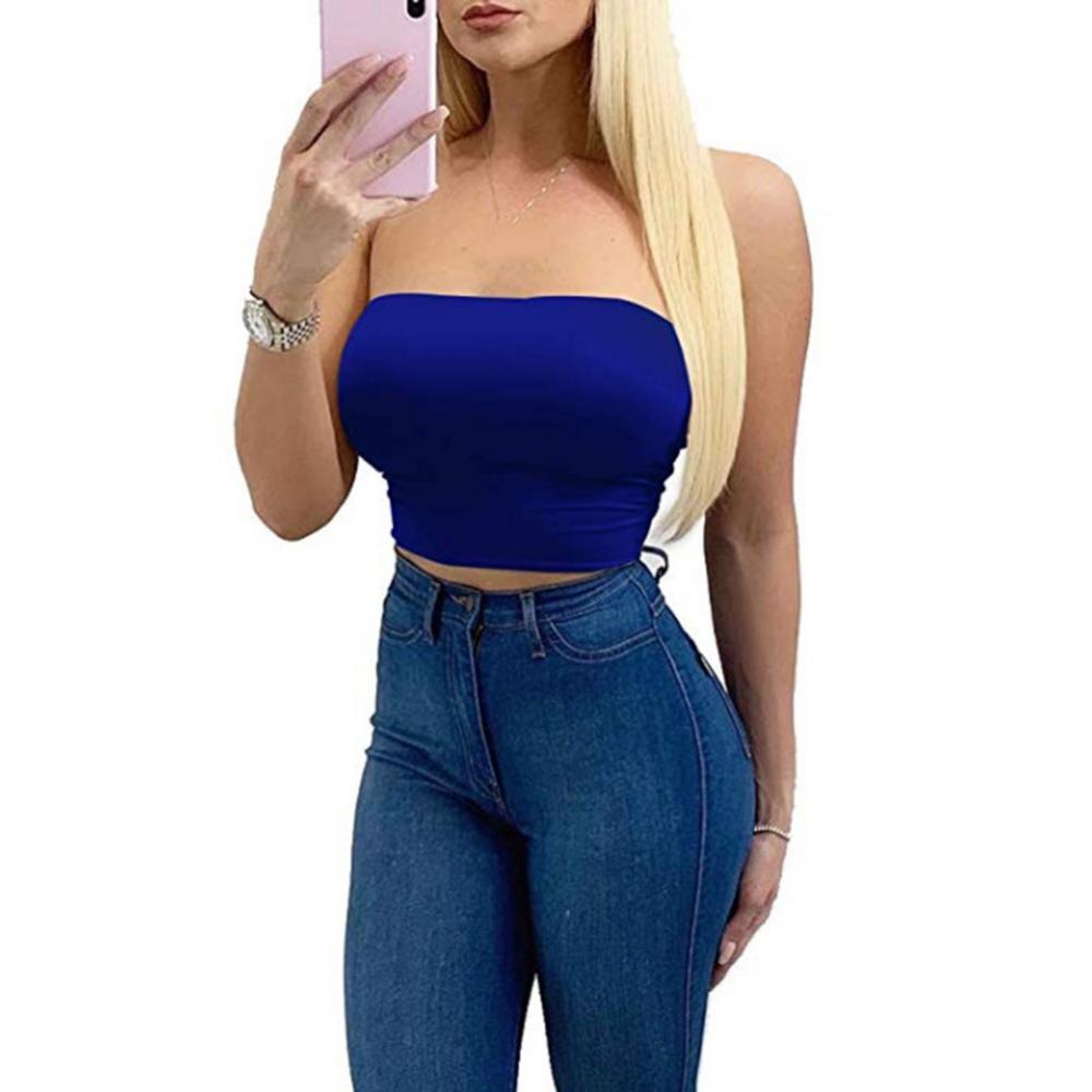 Club Bar Women Sexy Solid Color Vest Strapless Cropped Mini Bustier Slim Elastic Tube Top