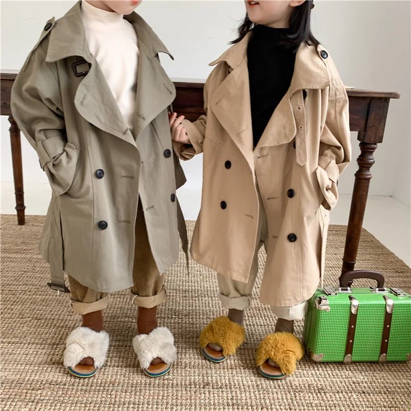 2025 Spring Children's Trench Coat Jacket Long Trench Coat Lapel