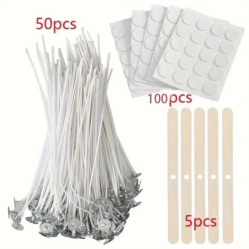 Candle Making Kit: 50x Braided Wicks, 100x Candle Wick Stickers & 5x Wooden Candle Wick Holders for Soy And Beeswax Candles