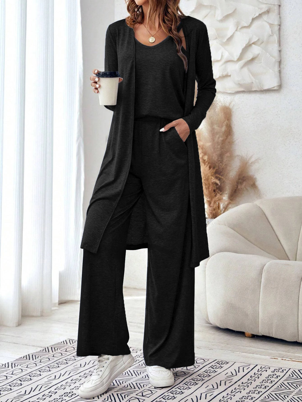 Cardigan ample à col en V et pantalon à jambe droite pour femmes, gilet décontracté, ensemble de 3 pièces, nouvelle mode, automne