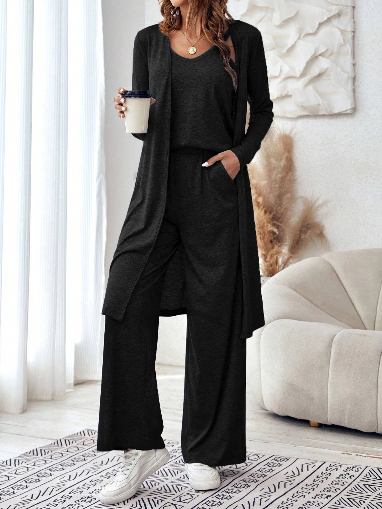 Cardigan ample à col en V et pantalon à jambe droite pour femmes, gilet décontracté, ensemble de 3 pièces, nouvelle mode, automne