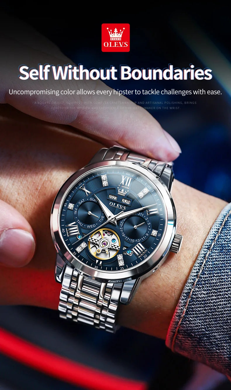 OLEVS montres pour hommes Skeketon volant automatique mécanique montre-bracelet originale pour homme étanche lumineux calendrier perpétuel