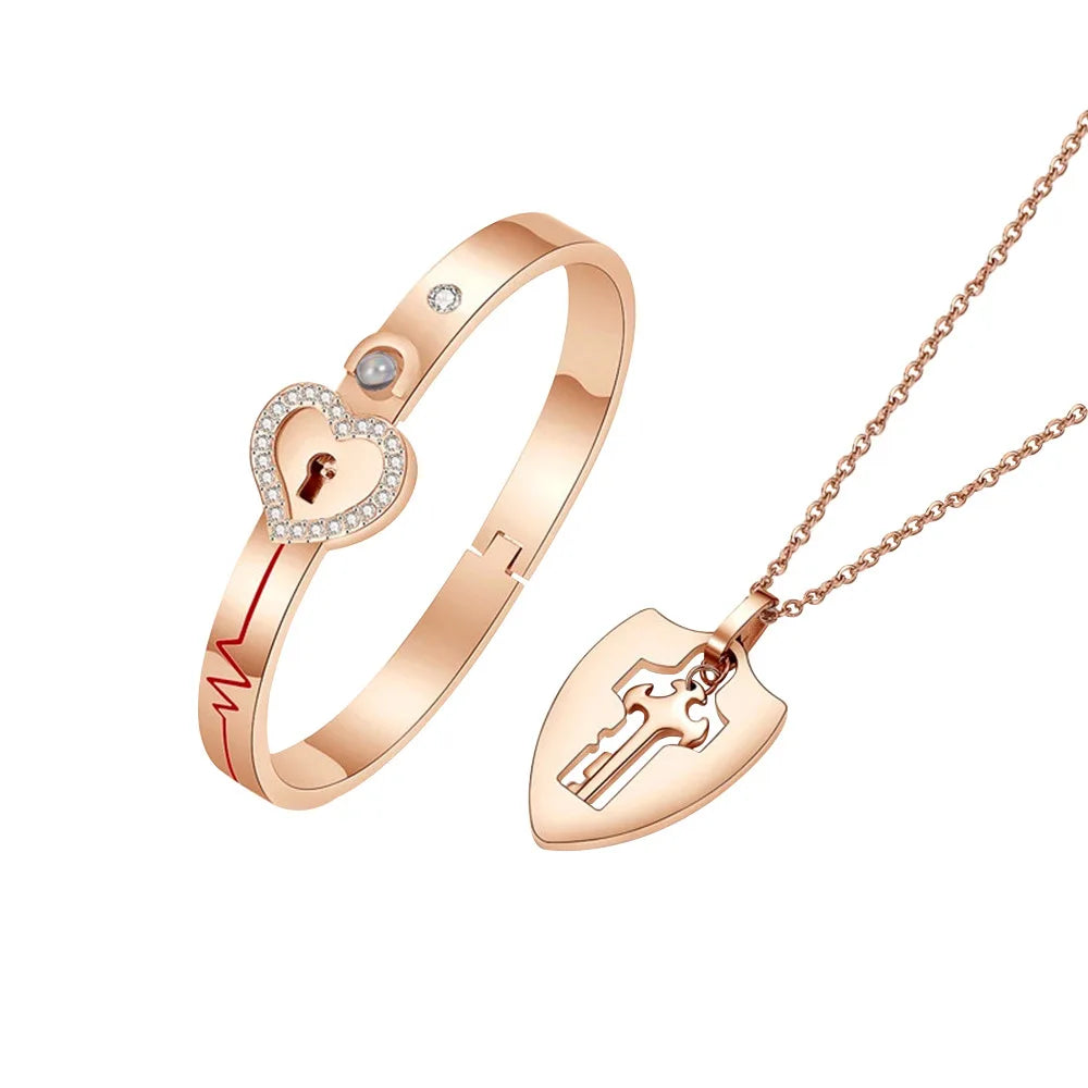 Couple Jewelry Stainless Steel Bracelet Love Lock Bracelet Can Be Opened Key Pendant Necklace Men And Women Valentine's Day Gift