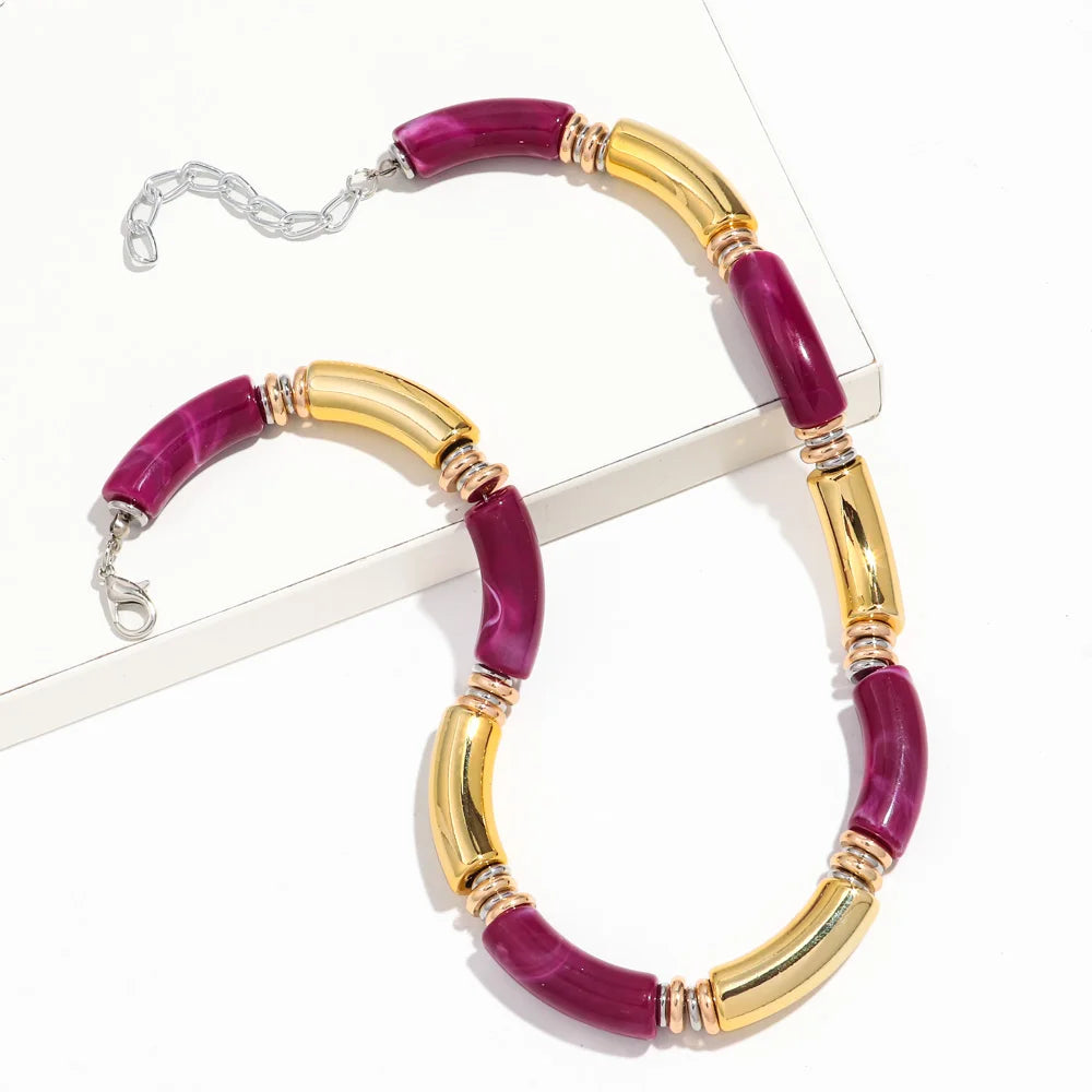 Boho Acrylic Bamboo Curved Tube Stackable Necklaces Bracelet for Women Men HipHop Resin Elbow Beads Choker Necklace 2024 Jewelry