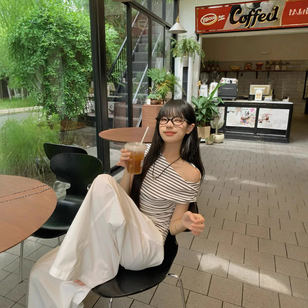 2026 Summer Striped Sexy T-shirt Women Slim Skinny Short Sleeve Y2K Korean Fashion Japanese Tee Shirt Woman Crop Tops Clothes