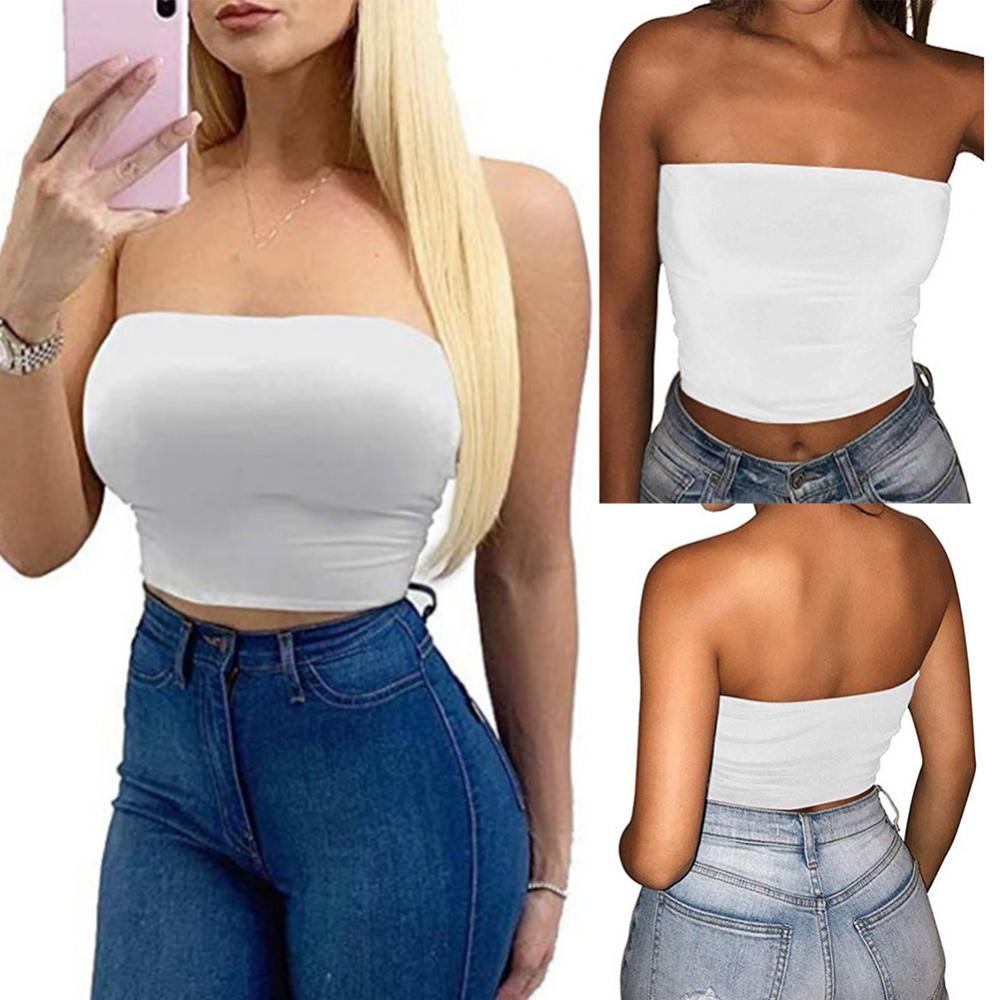 Club Bar Women Sexy Solid Color Vest Strapless Cropped Mini Bustier Slim Elastic Tube Top