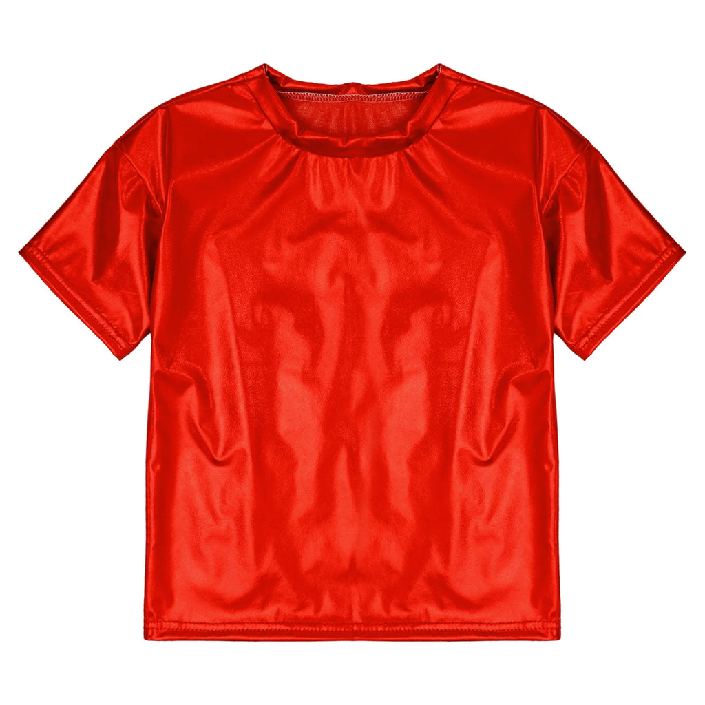 Children T-Shirt Shiny Metallic Short Sleeve Clothes Girl Boys Kids T-Shirt Hip Hop Jazz Dance Costume Top Performance Dancewear
