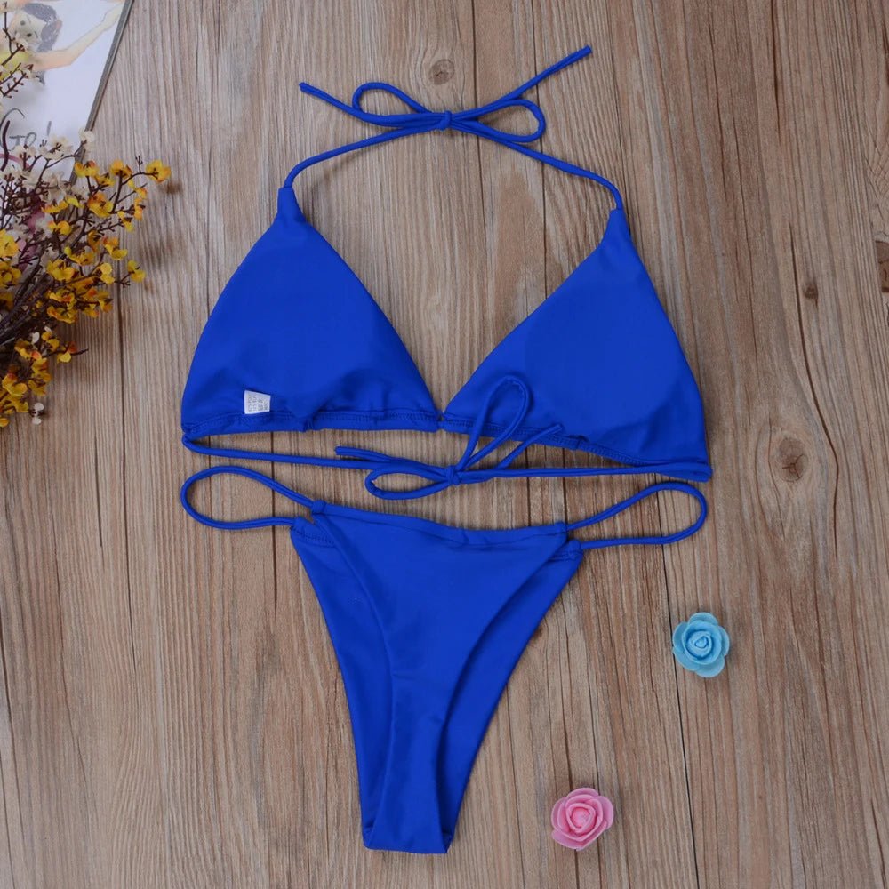 Women Tie Sexy Thong Bikini Set Side Swimsuit Bandage Style Brazilian Swimwear Split Strap Adjustable Solid Female Swimsuit Set