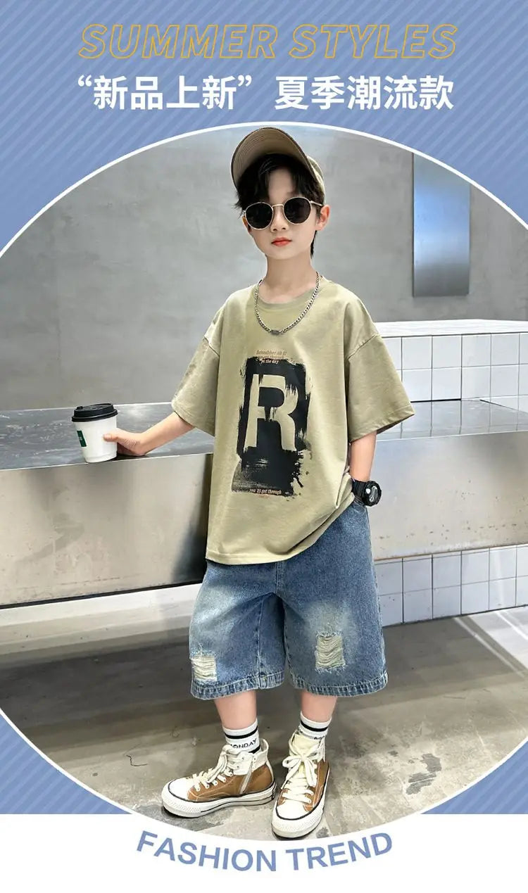 New Boys Fashion Summer 2pcs Cotton T-shirts+Denim Shorts Sporty Suits Teenage Kids Korean Style Outfits Sets Children Clothes