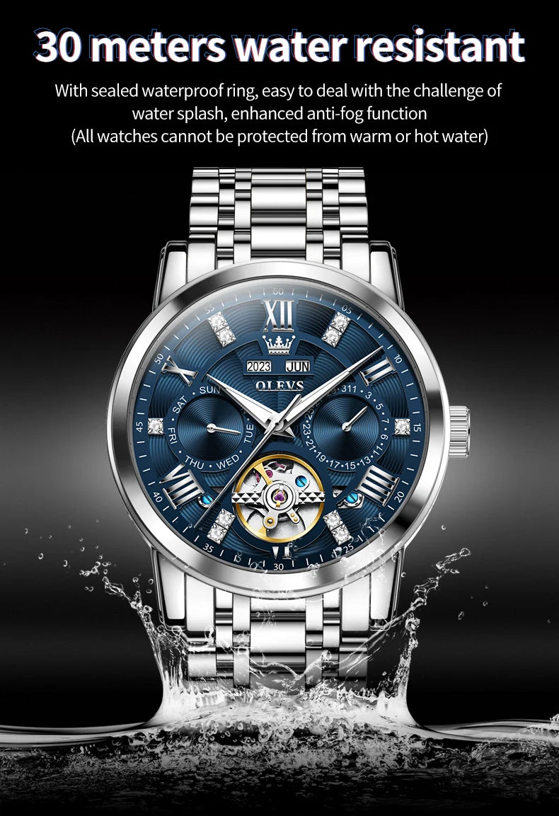 OLEVS montres pour hommes Skeketon volant automatique mécanique montre-bracelet originale pour homme étanche lumineux calendrier perpétuel