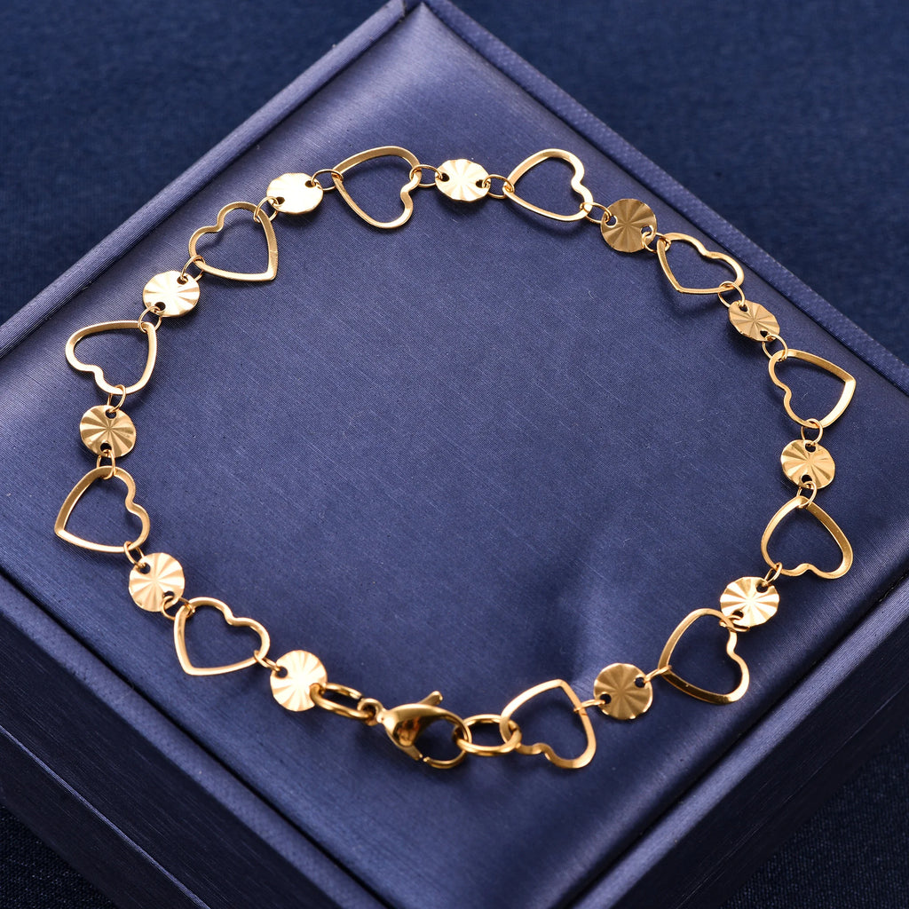 Cute Round Embossed Stainless Steel Heart Bracelet Link Hand Chain for Women Girl Wristband Bangle Anklets Metal Summer Jewelry