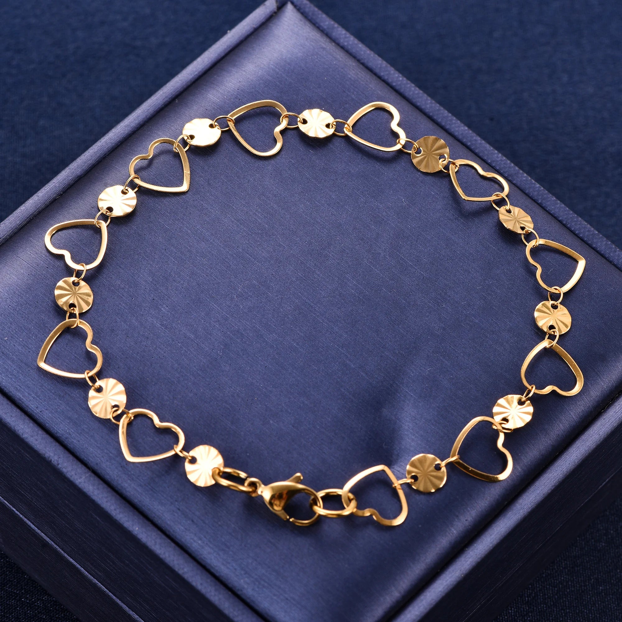 Cute Round Embossed Stainless Steel Heart Bracelet Link Hand Chain for Women Girl Wristband Bangle Anklets Metal Summer Jewelry