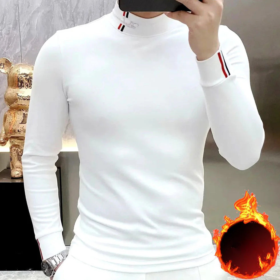 Autumn New Men Chic Thicken Thermal T-Shirts Half High Collar Bottoming Contrast Color Long Sleeve Elastic Slim All-match Tops
