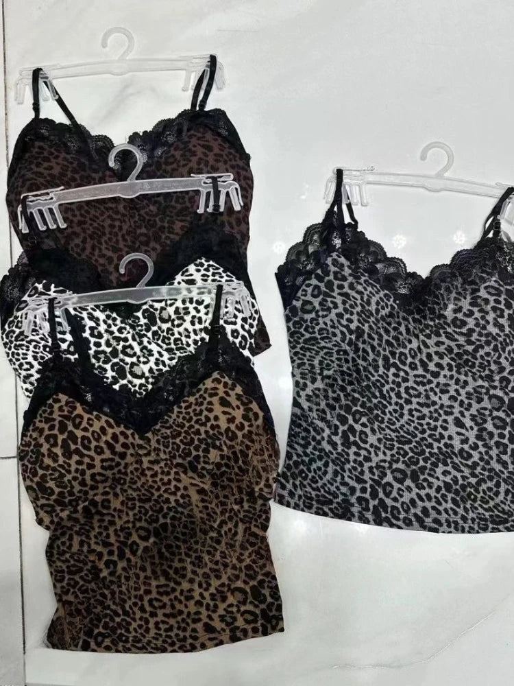 Leopard Lace Patchwork Sexy Camis Summer Y2k Beach Style Elegant Bodycon Korean Fashion Clothing 2000s American Vintage Tanks