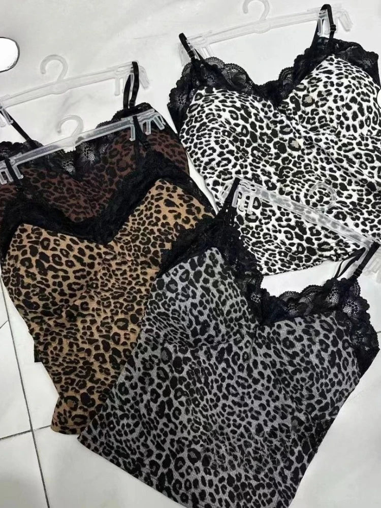 Leopard Lace Patchwork Sexy Camis Summer Y2k Beach Style Elegant Bodycon Korean Fashion Clothing 2000s American Vintage Tanks