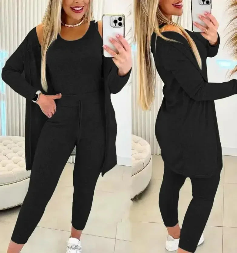 Ensemble trois pièces pour femmes, Cardigan, haut et pantalon, couleur unie, Simple, mode voyage, rue, été 2024