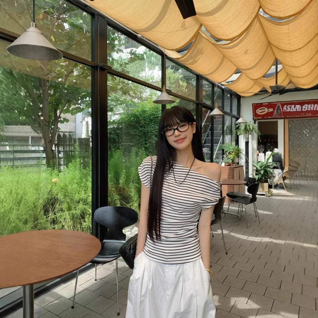 2026 Summer Striped Sexy T-shirt Women Slim Skinny Short Sleeve Y2K Korean Fashion Japanese Tee Shirt Woman Crop Tops Clothes