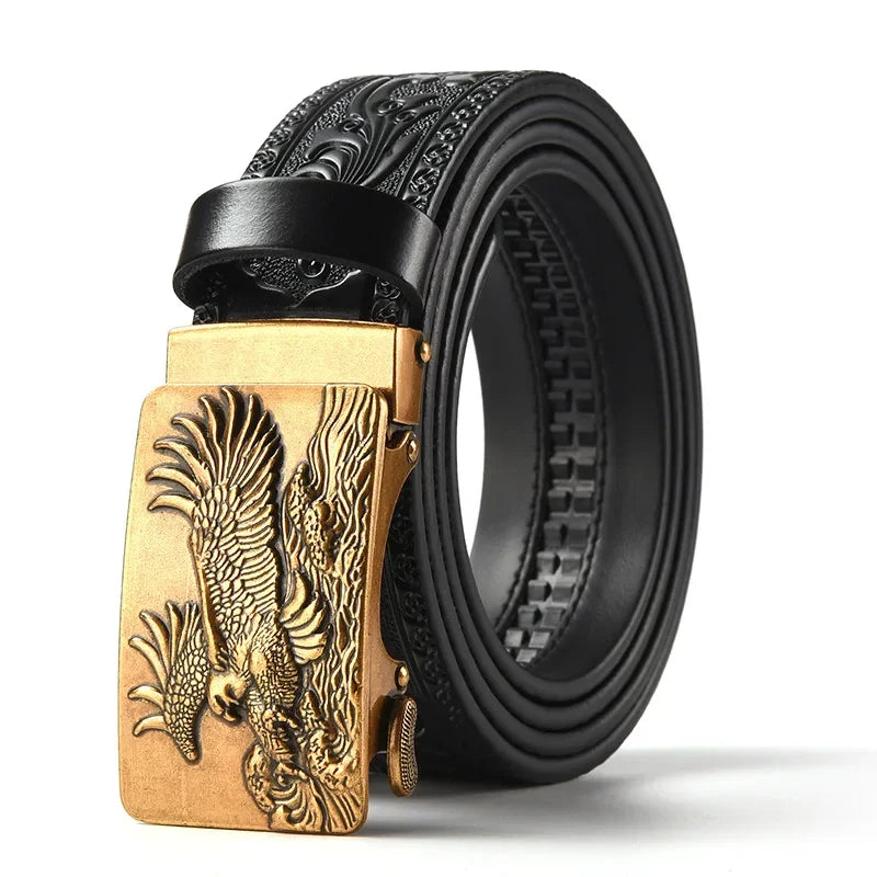 Men'S Casual Leather Belt Carving Flowers Vintage Style Automatic Buckle Hip Hop Snake Wolf King Tiger Fashion Accessories