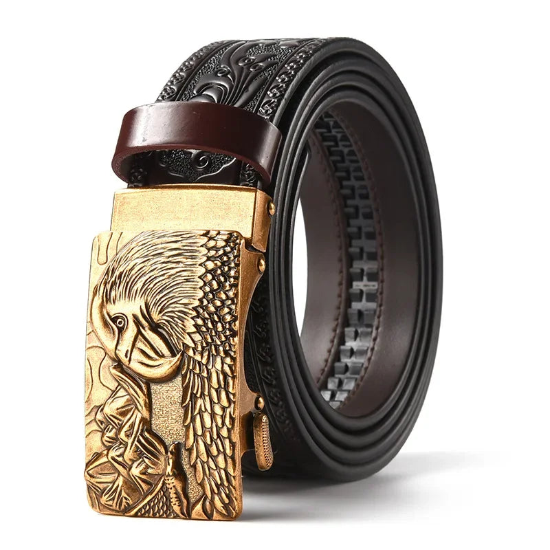 Men'S Casual Leather Belt Carving Flowers Vintage Style Automatic Buckle Hip Hop Snake Wolf King Tiger Fashion Accessories