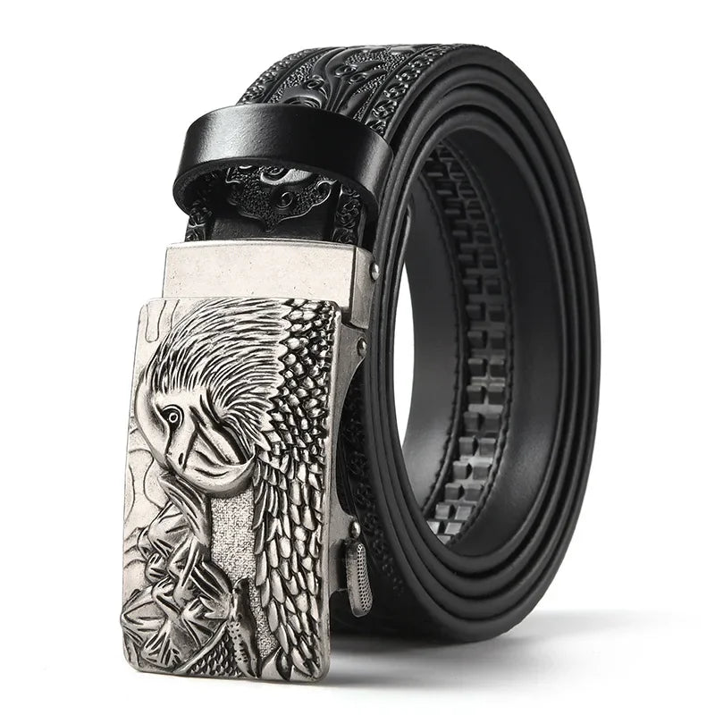 Men'S Casual Leather Belt Carving Flowers Vintage Style Automatic Buckle Hip Hop Snake Wolf King Tiger Fashion Accessories