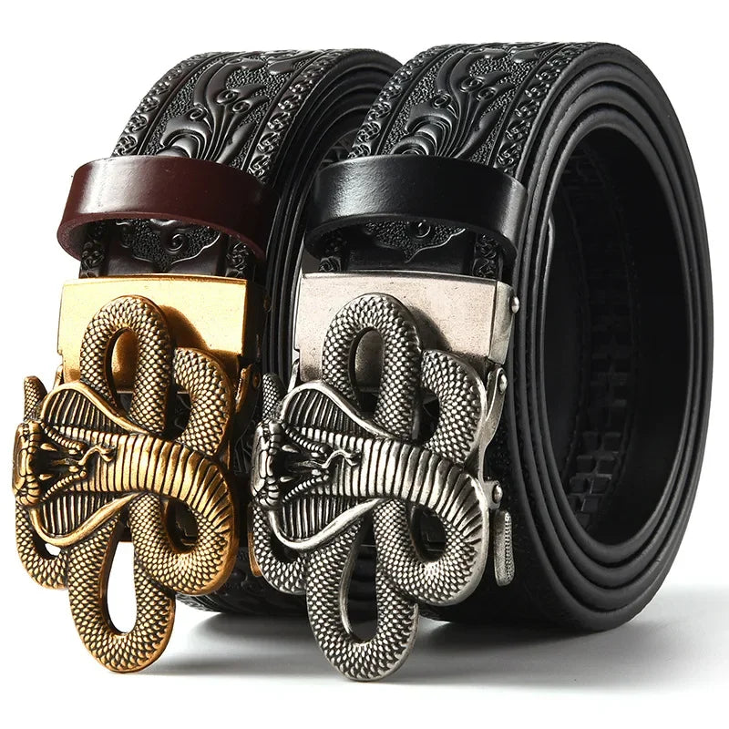 Men'S Casual Leather Belt Carving Flowers Vintage Style Automatic Buckle Hip Hop Snake Wolf King Tiger Fashion Accessories