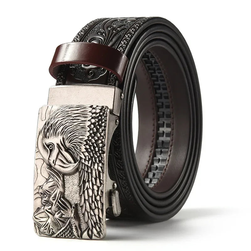 Men'S Casual Leather Belt Carving Flowers Vintage Style Automatic Buckle Hip Hop Snake Wolf King Tiger Fashion Accessories