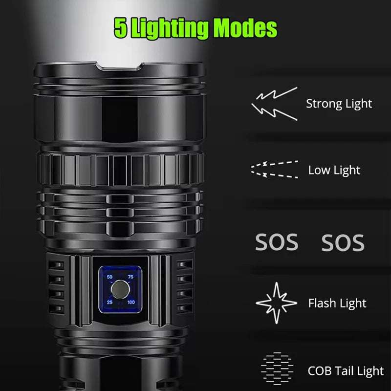 Lampe Torche Tactique Ultra-Puissante 1500W – Portée 5km, LED, Batterie Intégrée