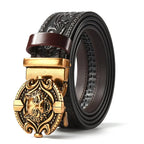 Men'S Casual Leather Belt Carving Flowers Vintage Style Automatic Buckle Hip Hop Snake Wolf King Tiger Fashion Accessories