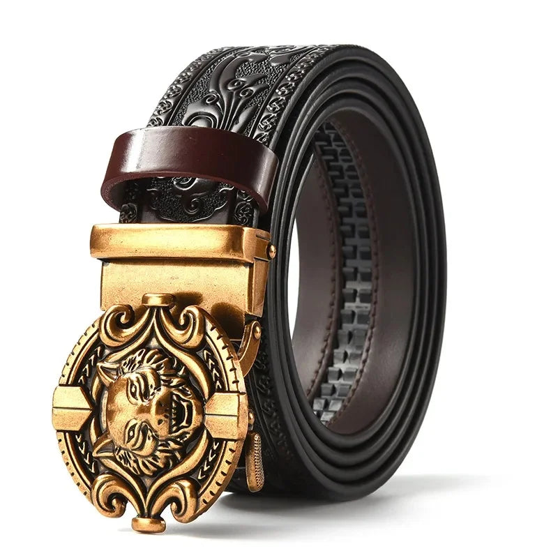 Men'S Casual Leather Belt Carving Flowers Vintage Style Automatic Buckle Hip Hop Snake Wolf King Tiger Fashion Accessories