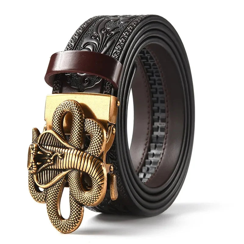 Men'S Casual Leather Belt Carving Flowers Vintage Style Automatic Buckle Hip Hop Snake Wolf King Tiger Fashion Accessories
