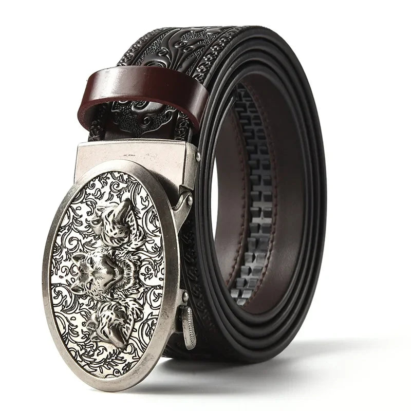 Men'S Casual Leather Belt Carving Flowers Vintage Style Automatic Buckle Hip Hop Snake Wolf King Tiger Fashion Accessories