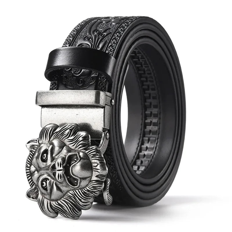 Men'S Casual Leather Belt Carving Flowers Vintage Style Automatic Buckle Hip Hop Snake Wolf King Tiger Fashion Accessories